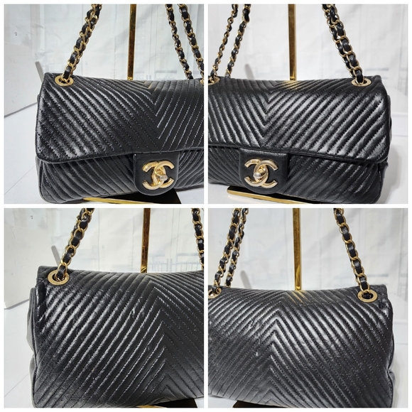 CHANEL Calfskin Chevron Quilted Medium Surpique Flap Shoulder Bag Black - Picture 12 of 16